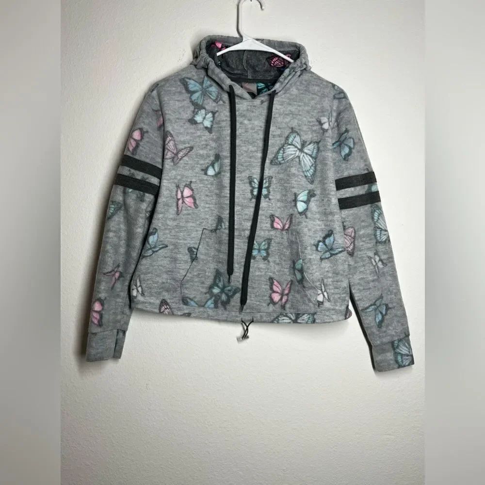 NOBO Drop Shoulder Butterfly Print Drawstring Crop Hoodie Gray Size M (7-9)